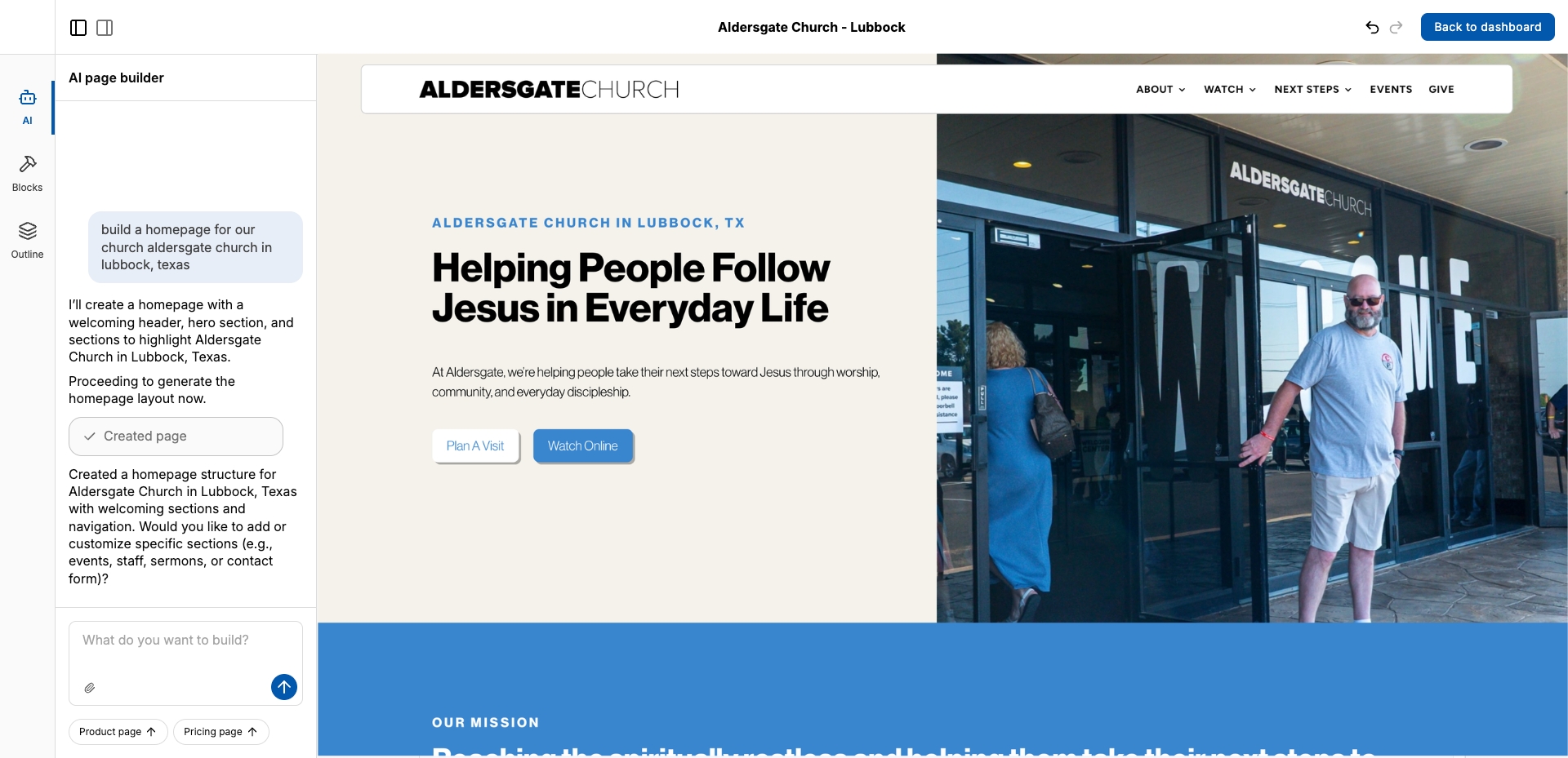 Tent Apps church website builder interface showing AI page builder and church website editing tools