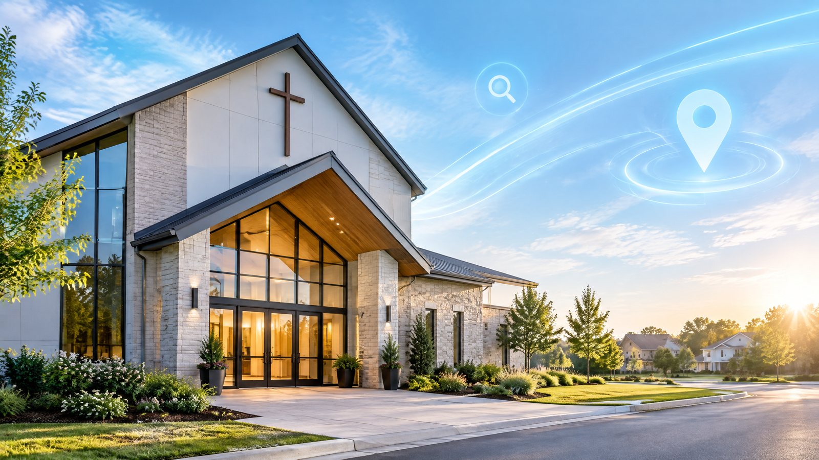 Welcoming church exterior with blue search and location signals — church Google and AI search guide